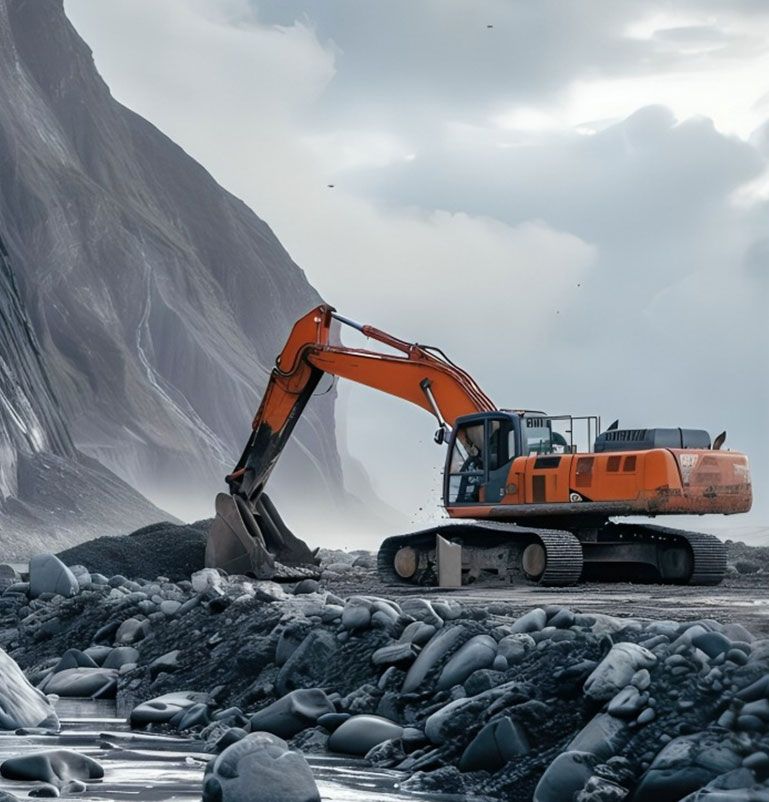 Quarry scene with clear sky and JCB vehicle working near equipment from top jaw crusher manufacturers in India.