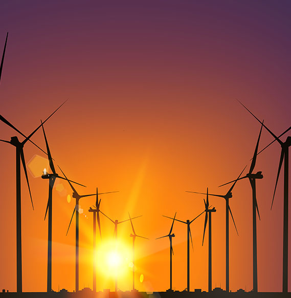 A row of windmill tower shadows against a vibrant sunset sky, capturing the essence of clean energy generation